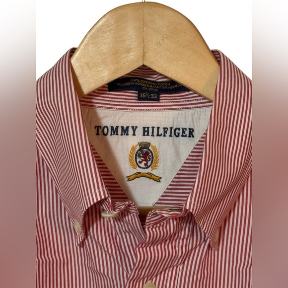 Vintage 1990s Tommy Hilfiger (16.5 x 33) Red Striped Men's Button Down Shirt - Picture 4 of 5
